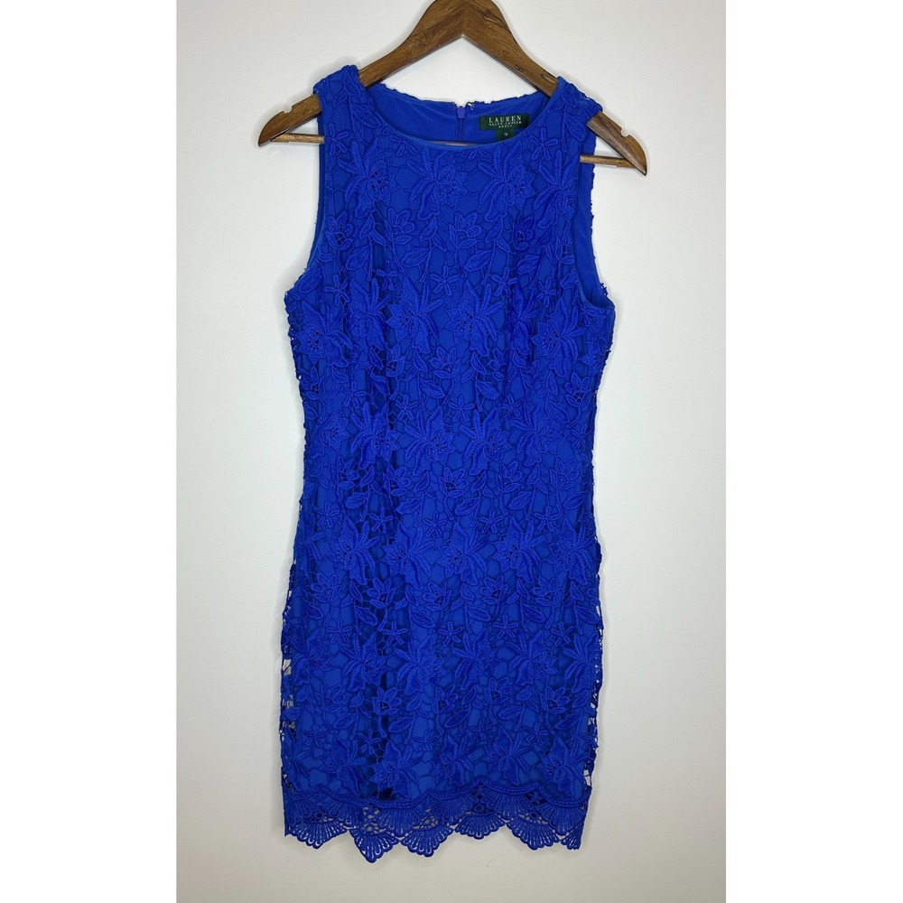 Lauren Ralph Lauren Royal Blue Floral Lace Overlay Sleeveless Sheath Dress Sz 10 - Picture 2 of 15